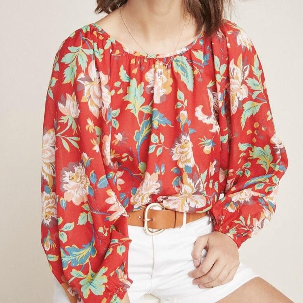 Anthropologie Maeve Lake House Blouse Red S Balloon Sleeve Cottagecore